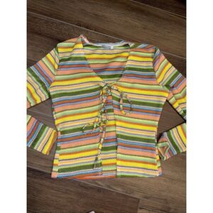 EUC Earthbound Trading Co Boho Festival Multicolor‎ Striped Front-Tie Top 2XL